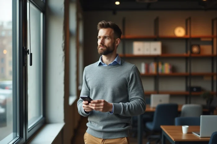 Homme en pleine réflexion sur son choix de carrière et son salaire mensuel de 1800 euros net dans un espace de coworking