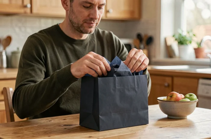 Homme plaçant un cadeau dans une pochette en papier mat bleu marine à la maison, illustrant le bon choix de format et de taille de sac cadeau