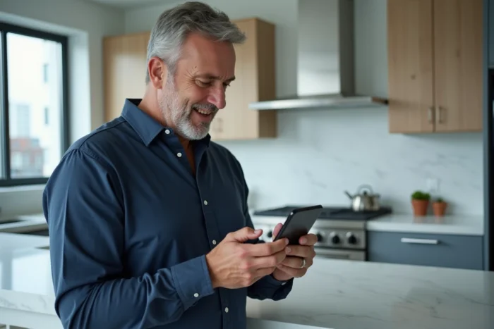 Homme consultant son smartphone pour résoudre un problème d'accès à son espace client immobilier
