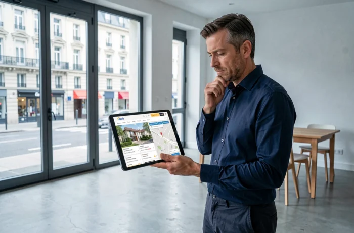 Homme consultant une application immobilière sur tablette dans un appartement moderne à Paris