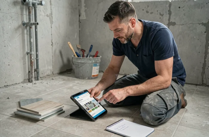 Homme en chantier de salle de bain consultant des solutions de protection de matériaux sur tablette numérique