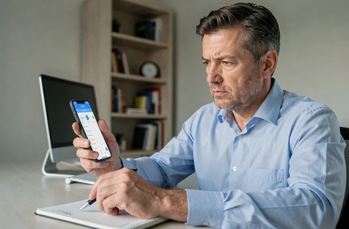 Homme vérifiant une transaction suspecte sur l'application mobile de la Banque Postale depuis son bureau à domicile