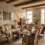 Vue d'ensemble d'un intérieur décoré avec créativité mêlant murs texturés, mobilier chiné et compositions artistiques