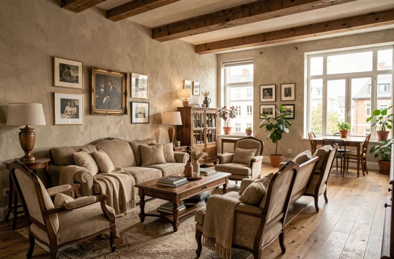 Vue d'ensemble d'un intérieur décoré avec créativité mêlant murs texturés, mobilier chiné et compositions artistiques