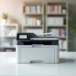 Imprimante multifonction laser couleur Brother DCP-L3550CDW posée sur un bureau de bureau moderne avec des documents imprimés colorés