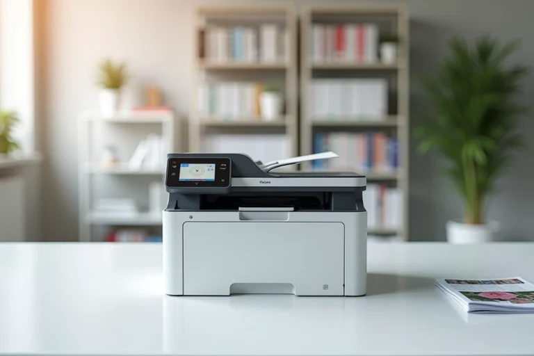 Imprimante multifonction laser couleur Brother DCP-L3550CDW posée sur un bureau de bureau moderne avec des documents imprimés colorés