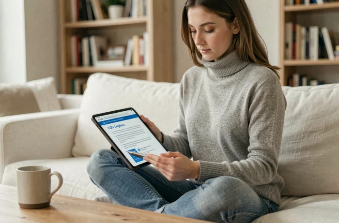 Jeune femme lisant les informations légales et CGU d'un site web sur une tablette à domicile