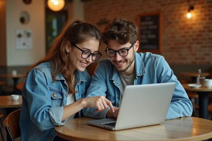 Deux lycéens préparant leur inscription au baccalauréat 2025 sur Cyclades ensemble dans un café