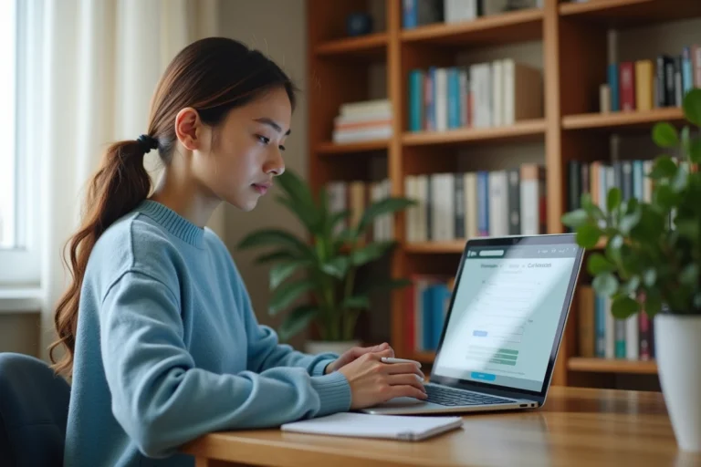 Étudiante effectuant son inscription au baccalauréat 2025 sur la plateforme Cyclades depuis son bureau
