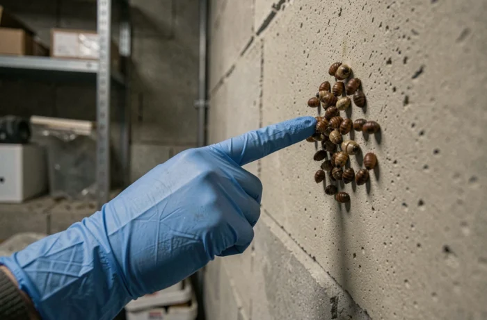 Main gantée inspectant des pupes de mouches sur un mur de sous-sol en béton