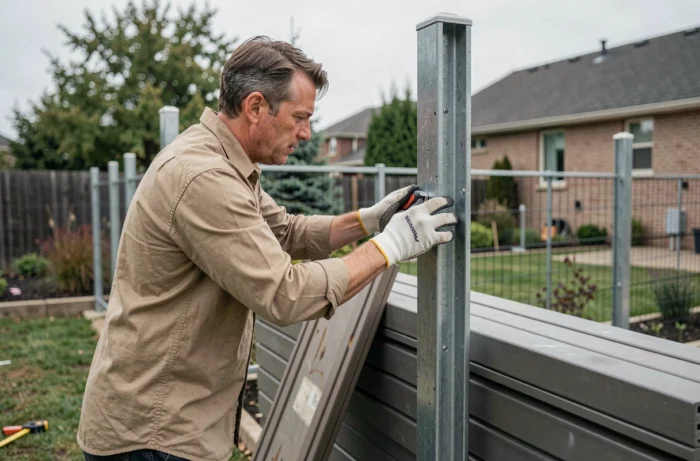 Installateur professionnel posant des lames de clôture composite sur des poteaux métalliques dans un jardin résidentiel