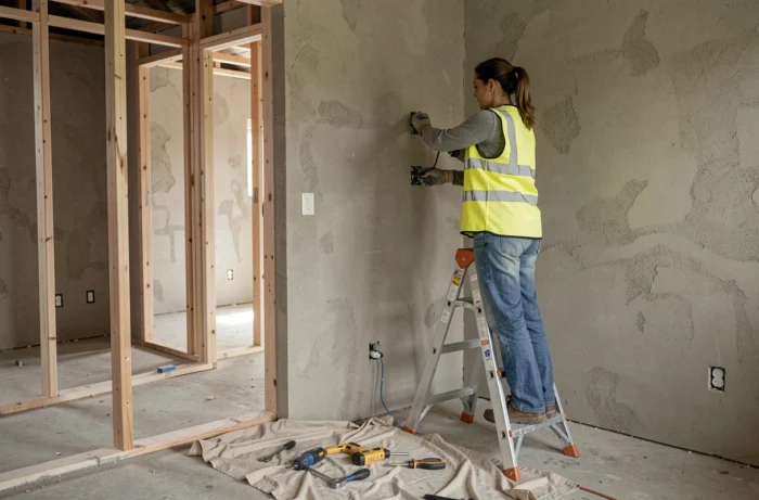 Électricienne installant une prise électrique lors de travaux de rénovation résidentielle