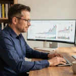 Homme analysant des graphiques boursiers sur un double écran dans un bureau à domicile moderne
