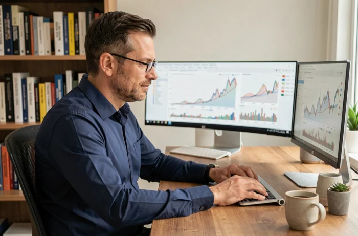 Homme analysant des graphiques boursiers sur un double écran dans un bureau à domicile moderne