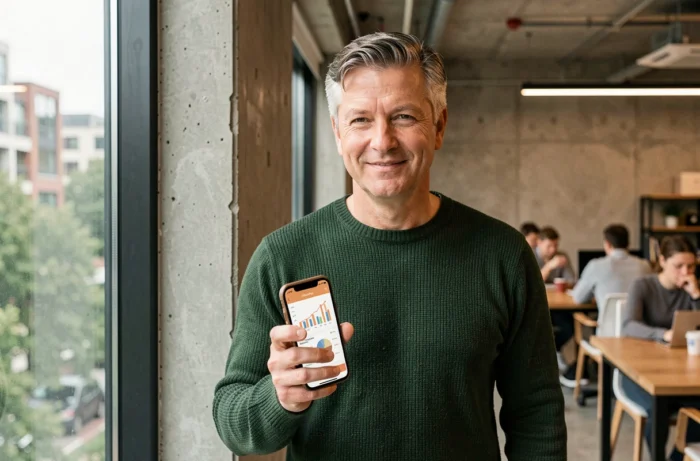 Investisseur expérimenté consultant son portefeuille boursier sur smartphone dans un espace de coworking