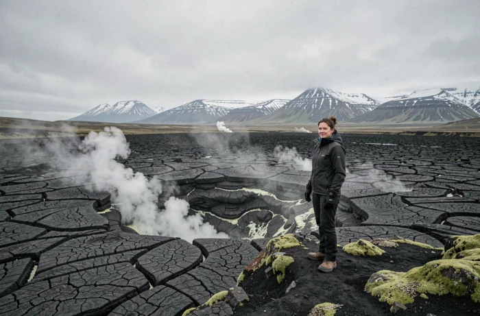 Randonneuse au bord d'une fissure volcanique fumante dans les hauts plateaux islandais avec un champ de lave noire en arrière-plan