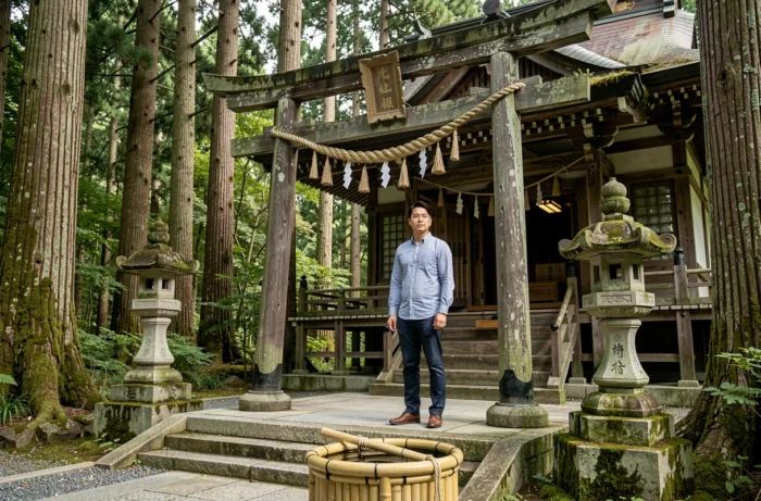 Voyageur devant l'entrée d'un sanctuaire shinto en bois dans la campagne japonaise, entouré de cèdres et de lanternes en pierre moussues