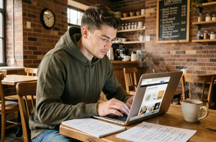 Jeune entrepreneur travaillant sur sa stratégie de web marketing dans un café avec un ordinateur portable