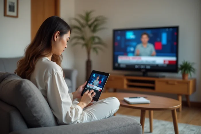 Jeune femme consultant les actualités sur tablette dans un salon confortable avec télévision en arrière-plan