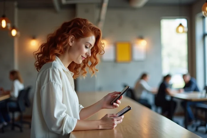 Jeune femme consultant le panier d'achat de Hacoo sur smartphone dans un espace de coworking moderne