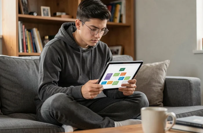 Jeune homme explorant un outil de sitemap visuel sur tablette dans un salon, représentant la compréhension de la structure de navigation d'un site web