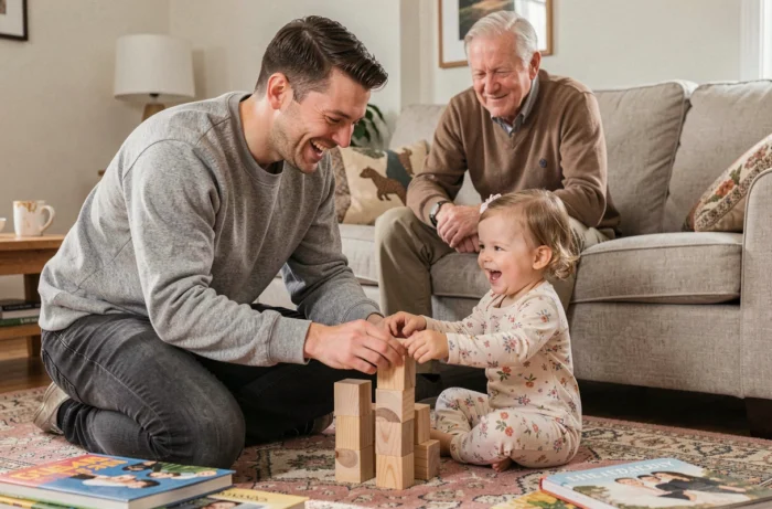 Un jeune père joue avec sa petite fille sur le sol du salon sous le regard bienveillant d'un grand-père assis sur le canapé familial
