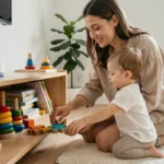 Femme aidant un tout-petit à choisir un jouet éducatif en bois dans une salle de jeux moderne et épurée