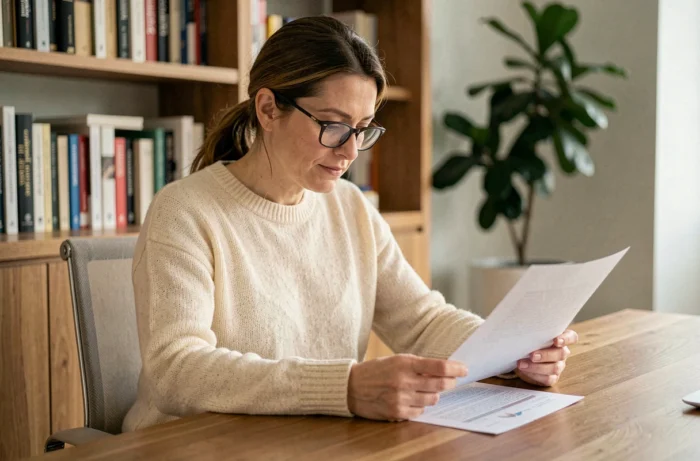 Femme journaliste et personnalité médiatique française travaillant dans un bureau moderne et élégant à domicile en 2026