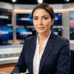 Journaliste professionnelle française au bureau d'un plateau de télévision, blazer marine, expression confiante et posture journalistique