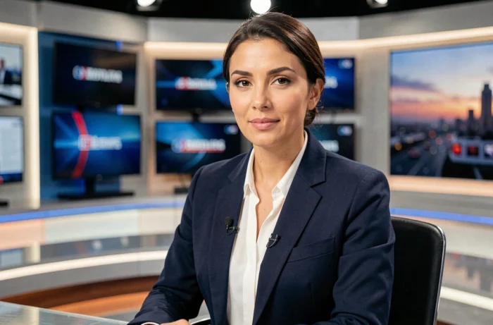 Journaliste professionnelle française au bureau d'un plateau de télévision, blazer marine, expression confiante et posture journalistique