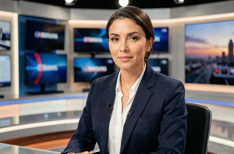 Journaliste professionnelle française au bureau d'un plateau de télévision, blazer marine, expression confiante et posture journalistique