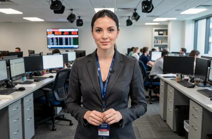 Journaliste de télévision dans une salle de rédaction moderne, blazer gris, badge de presse, écrans d'actualités en arrière-plan