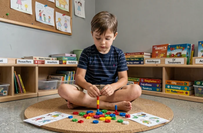 Enfant de six ans concentré sur l'assemblage d'un kit scientifique éducatif coloré dans un espace scolaire