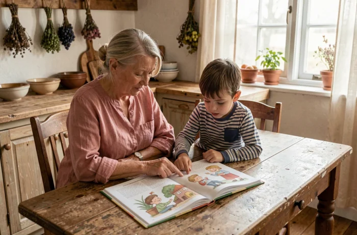 Grand-mère et jeune garçon lisant ensemble un livre illustré à une table de cuisine rustique, activité d'éveil et de bien-être au quotidien