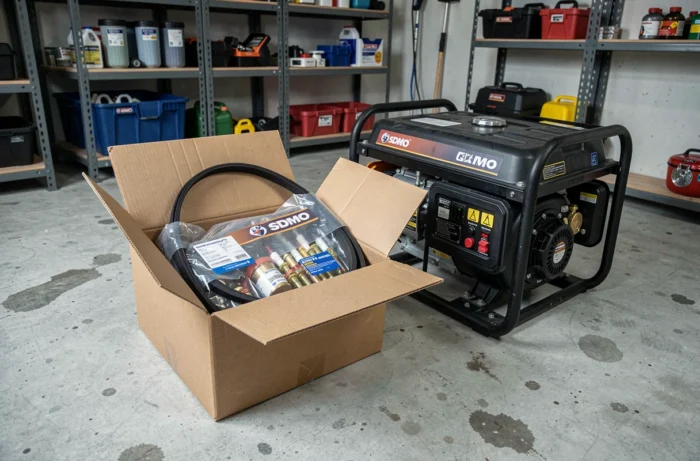 Boîte de livraison de pièces détachées SDMO ouverte à côté d'un groupe électrogène dans un garage
