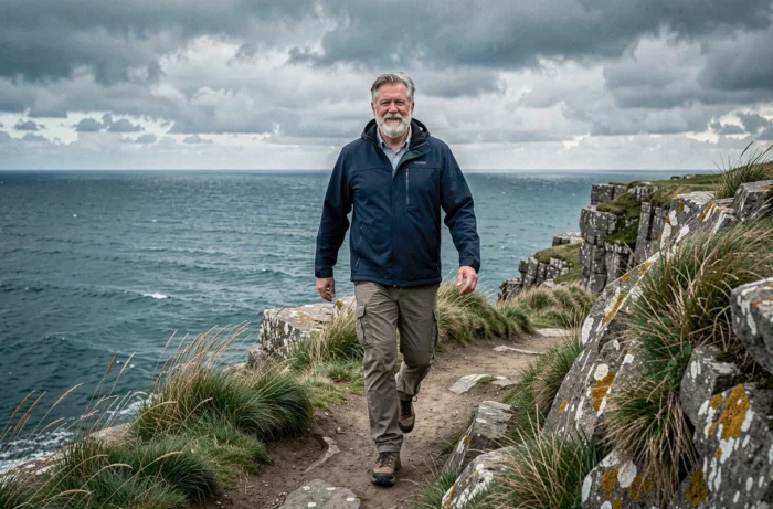 Homme âgé de 68 ans marchant d'un pas vif sur un sentier côtier, symbole de santé et de vitalité après 60 ans