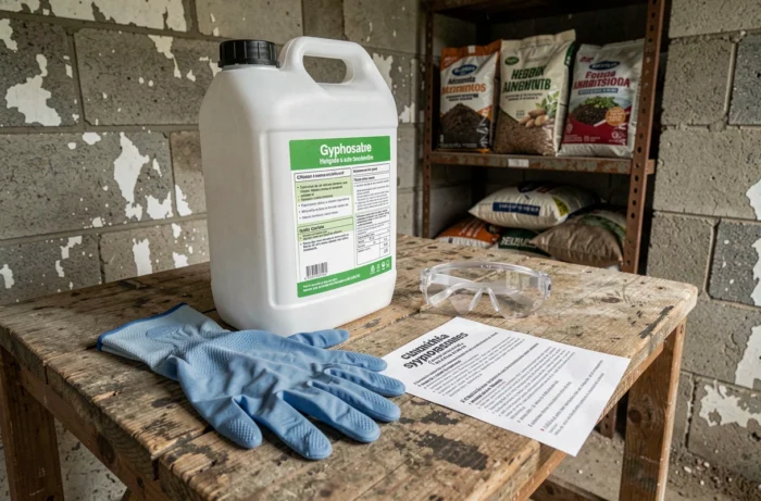 Matériel de pulvérisation d'herbicide glyphosate avec équipements de protection individuelle et notice réglementaire en espagnol