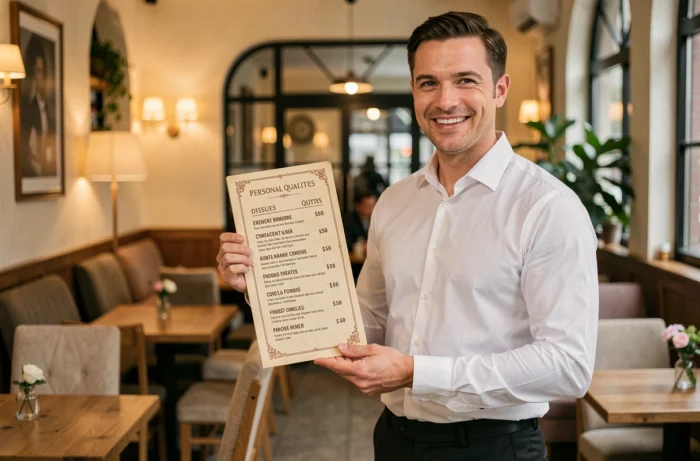 Homme souriant présentant un menu de restaurant humoristique décrivant ses qualités personnelles, comme une bio Tinder créative