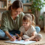 Mère accompagnant sa fille dans une activité créative sur le sol d'un salon chaleureux, illustrant le soutien parental au quotidien