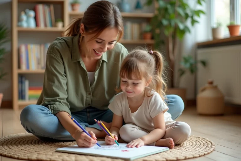 Mère accompagnant sa fille dans une activité créative sur le sol d'un salon chaleureux, illustrant le soutien parental au quotidien