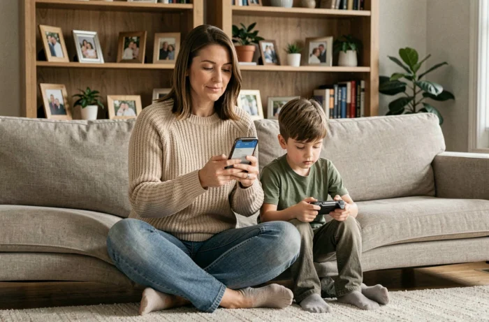 Mère consultant une application d'assurance famille sur smartphone dans un salon chaleureux, avec son enfant à ses côtés