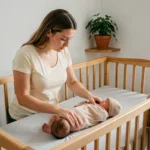 Jeune mère déposant son nouveau-né dans un berceau en bois dans une chambre de bébé apaisante