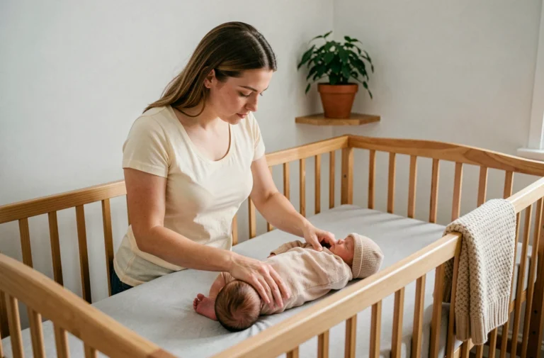 Jeune mère déposant son nouveau-né dans un berceau en bois dans une chambre de bébé apaisante