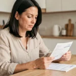 Mère préparant les documents de voyage pour son enfant mineur à une table en bois dans une cuisine moderne