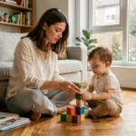 Mère et enfant en bas âge jouant ensemble avec des cubes en bois colorés sur un parquet dans un salon chaleureux