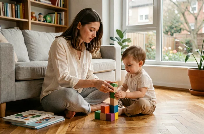Mère et enfant en bas âge jouant ensemble avec des cubes en bois colorés sur un parquet dans un salon chaleureux