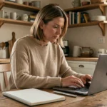 Mère de famille consultant le site maclasse.fr sur un ordinateur portable dans sa cuisine pour préparer la rentrée scolaire 2026
