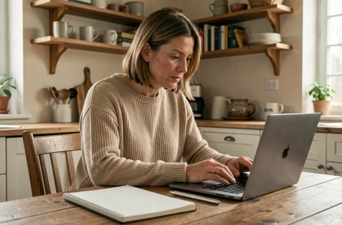Mère de famille consultant le site maclasse.fr sur un ordinateur portable dans sa cuisine pour préparer la rentrée scolaire 2026