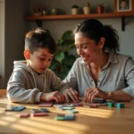 Mère accompagnant son fils adolescent autiste dans une activité sensorielle à la maison en Arizona