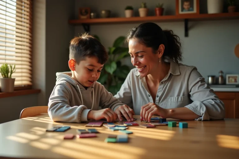 Mère accompagnant son fils adolescent autiste dans une activité sensorielle à la maison en Arizona